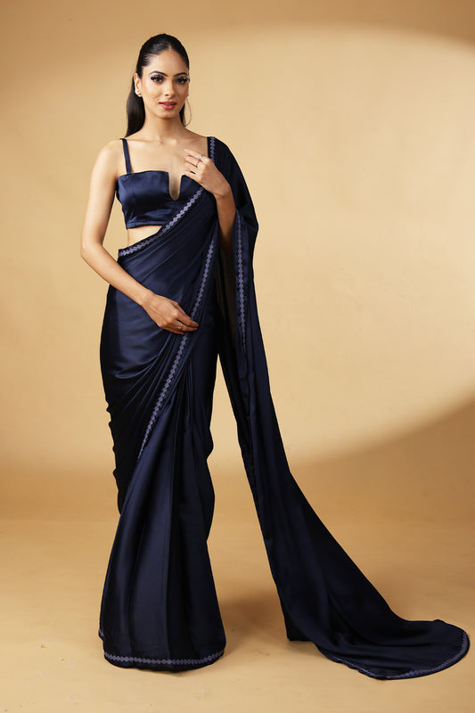 Princess Blue Lace Embellished Luxe Satin Saree with Unstitched Blouse