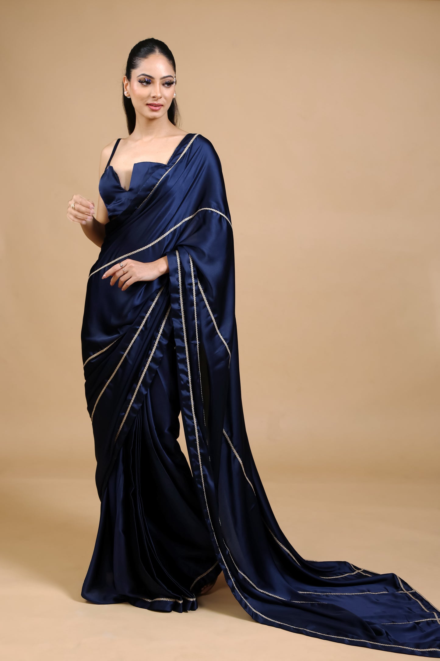 Royal Emerald Gold Embellished Satin Saree with Unstitched Blouse