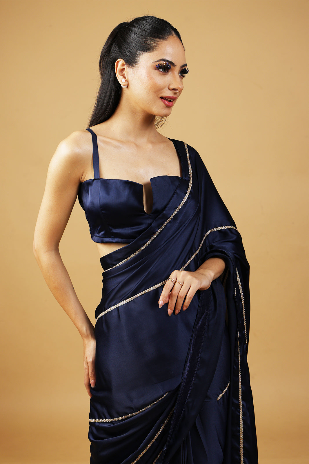 Royal Emerald Gold Embellished Satin Saree with Unstitched Blouse