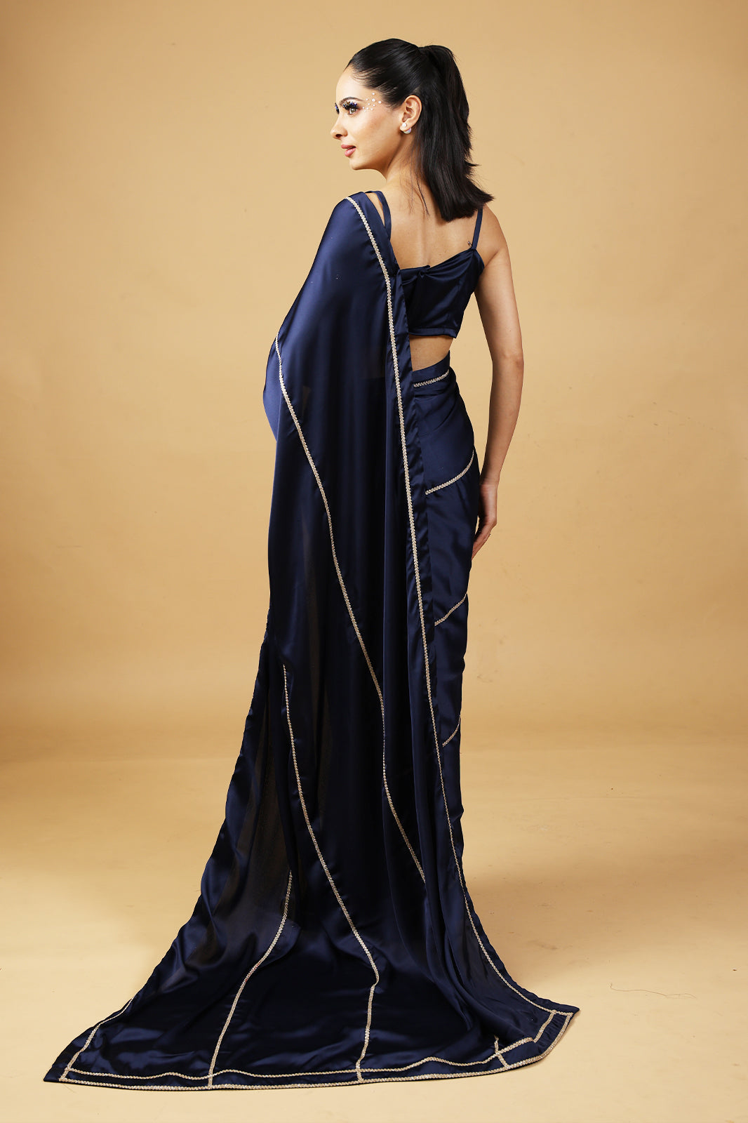 Royal Emerald Gold Embellished Satin Saree with Unstitched Blouse