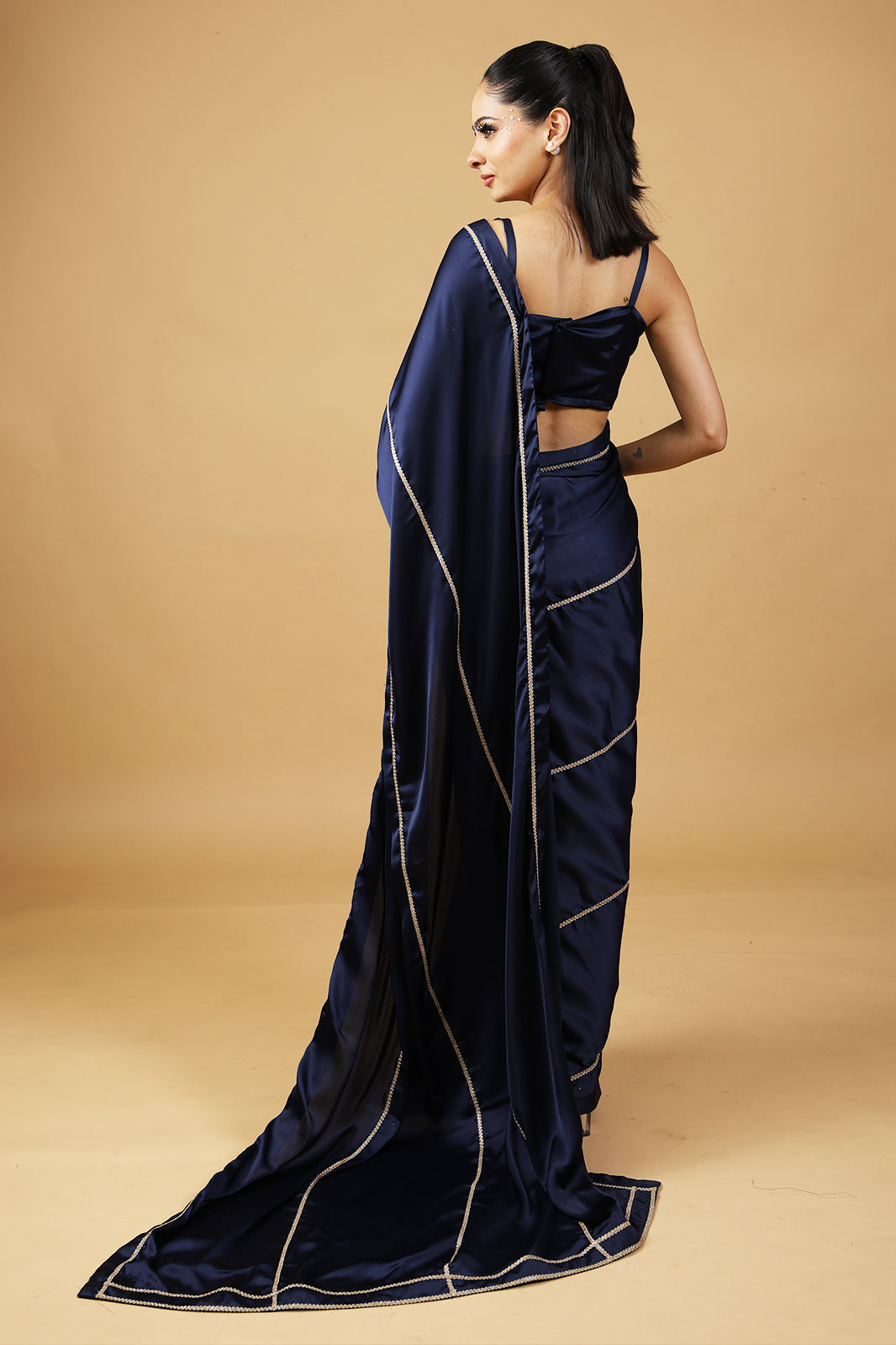 Royal Emerald Gold Embellished Satin Saree with Unstitched Blouse
