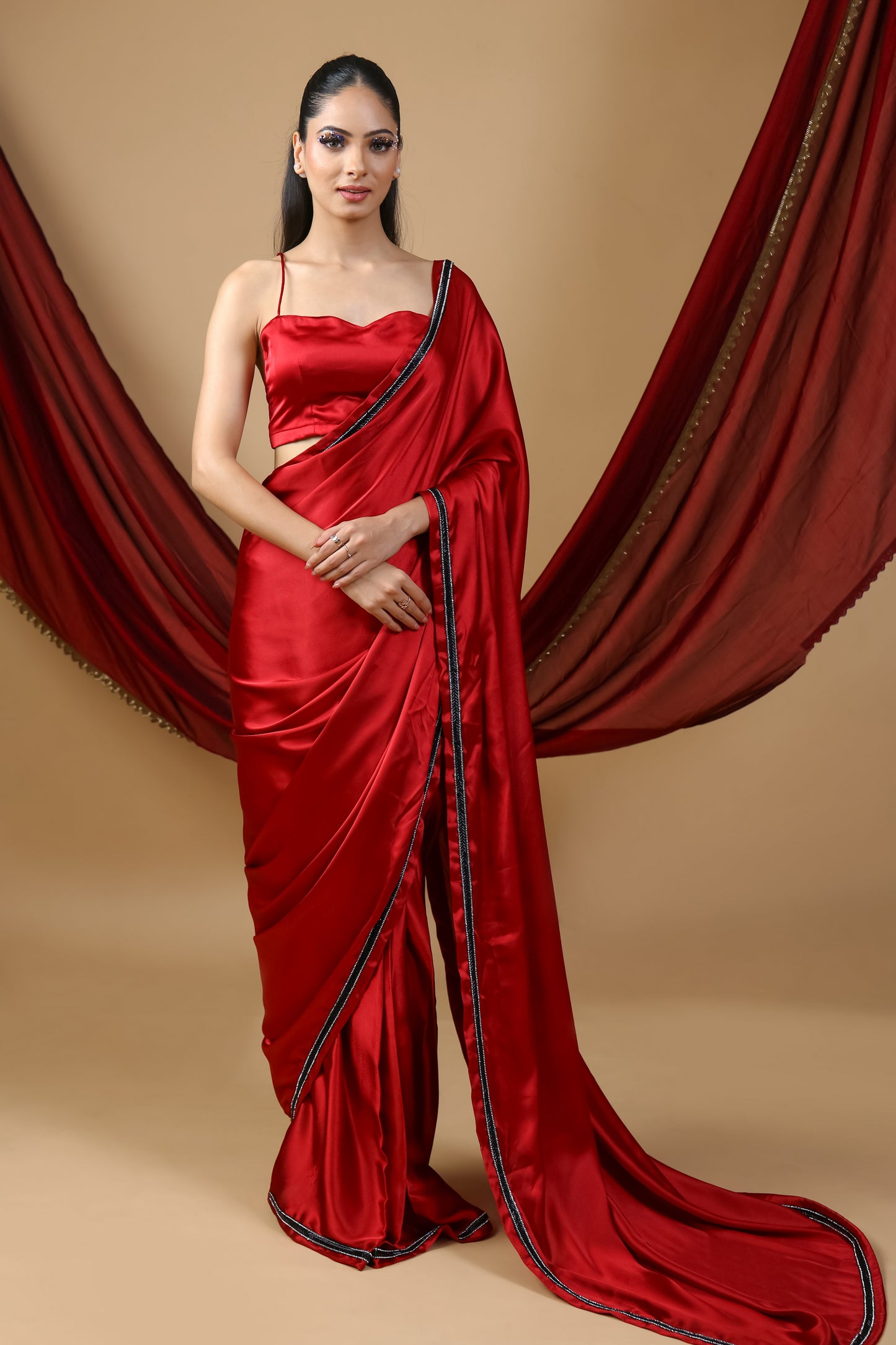 Red Royale Premium Satin Saree with Black Embroidery and Unstitched Blouse