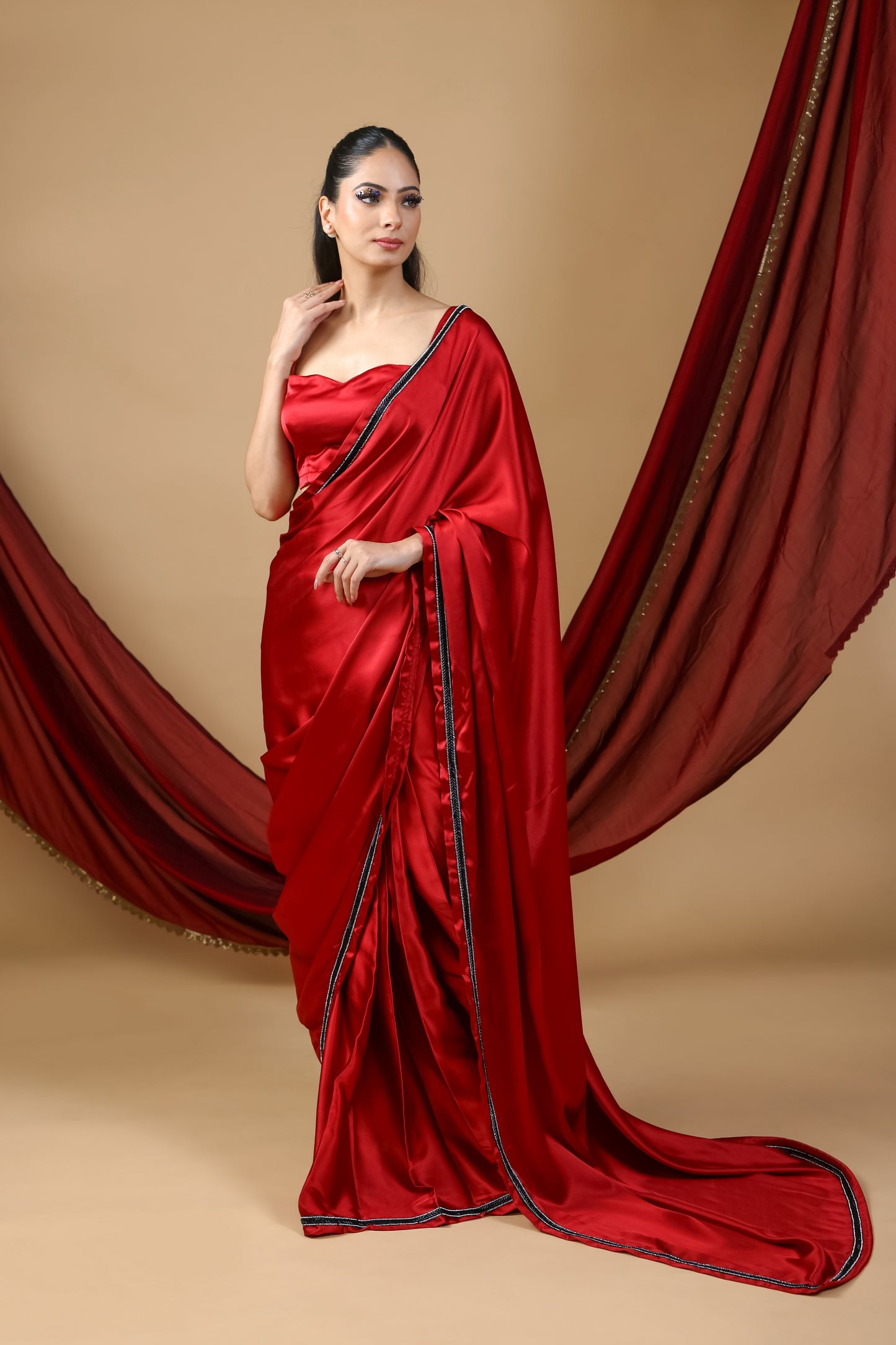 Red Royale Premium Satin Saree with Black Embroidery and Unstitched Blouse
