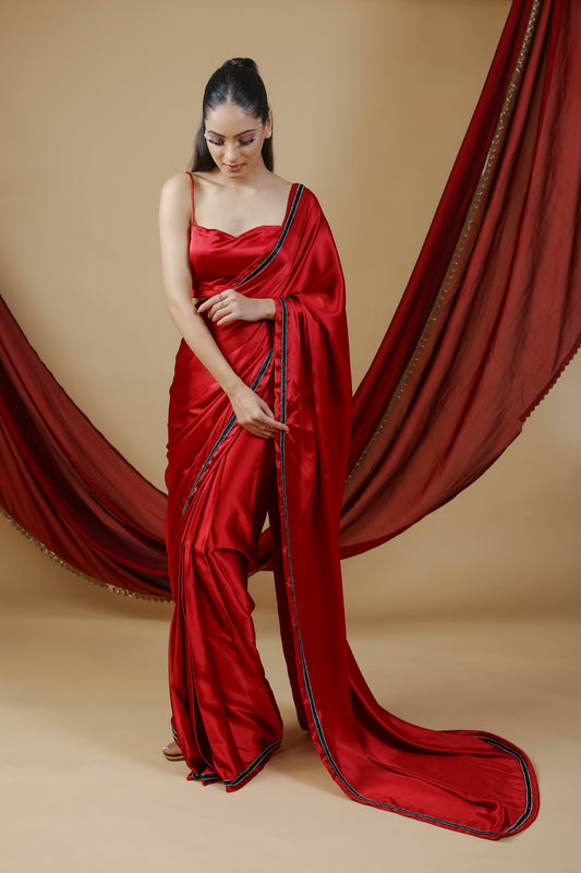 Red Royale Premium Satin Saree with Black Embroidery and Unstitched Blouse