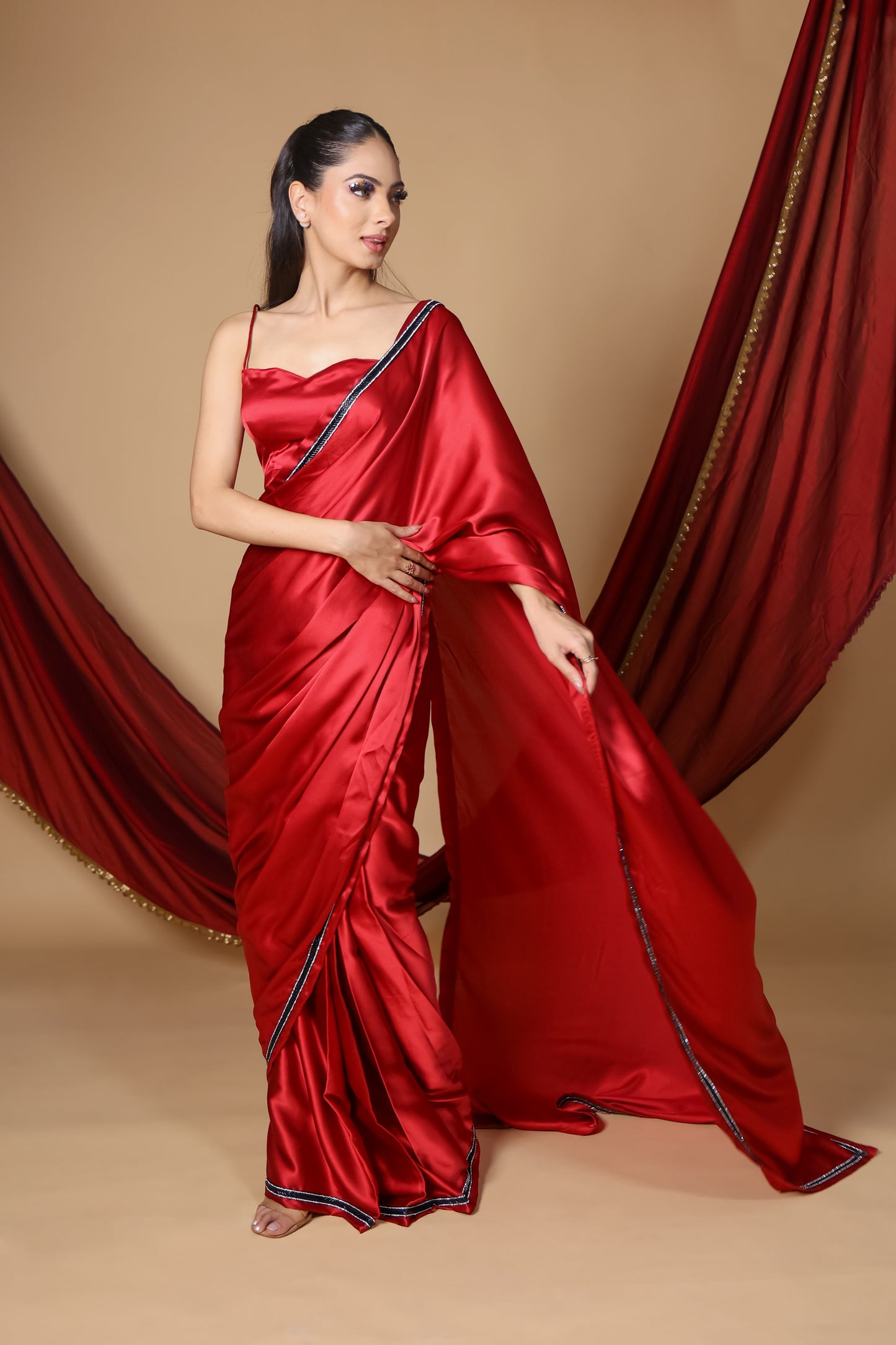 Red Royale Premium Satin Saree with Black Embroidery and Unstitched Blouse