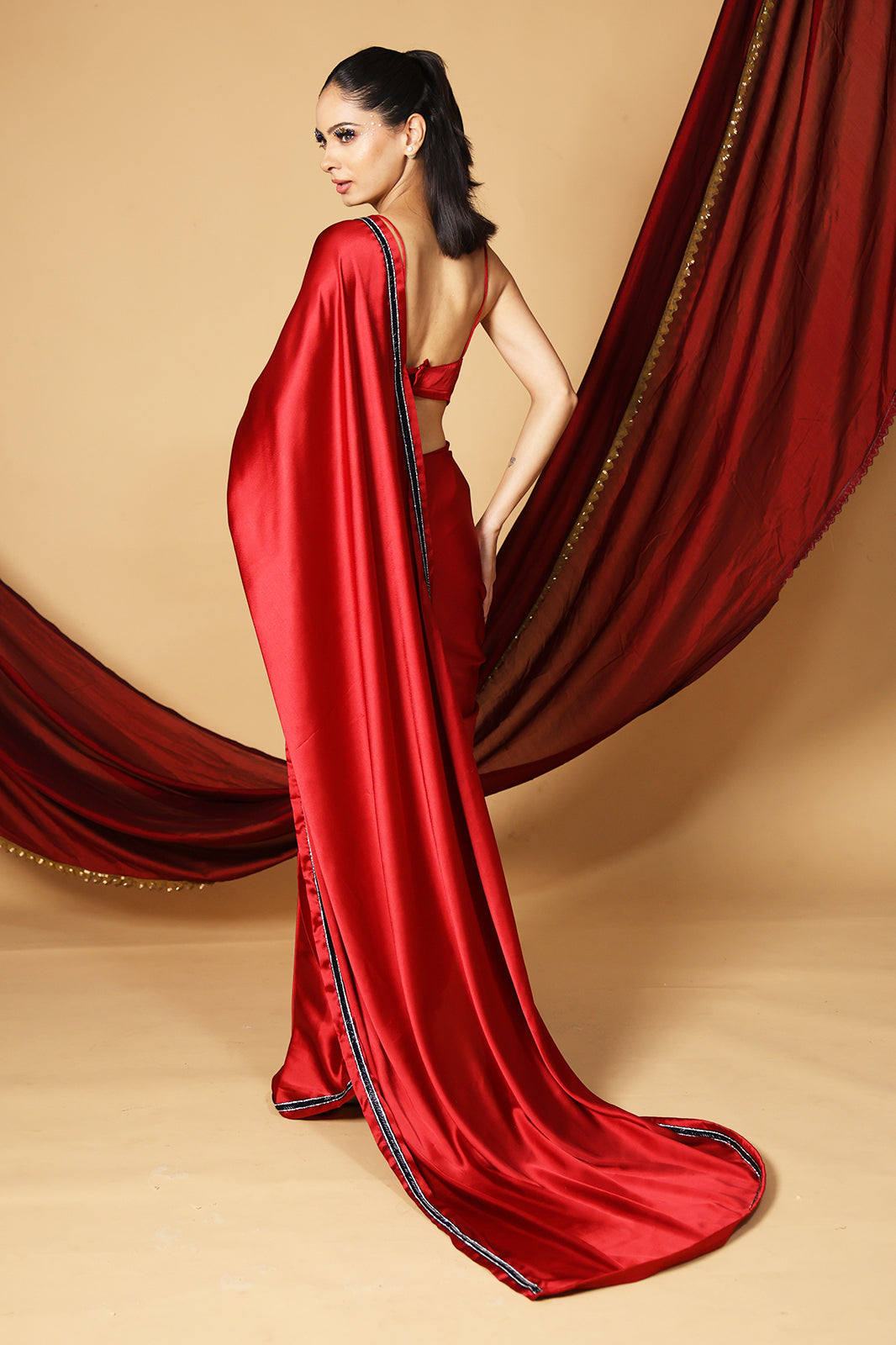 Red Royale Premium Satin Saree with Black Embroidery and Unstitched Blouse