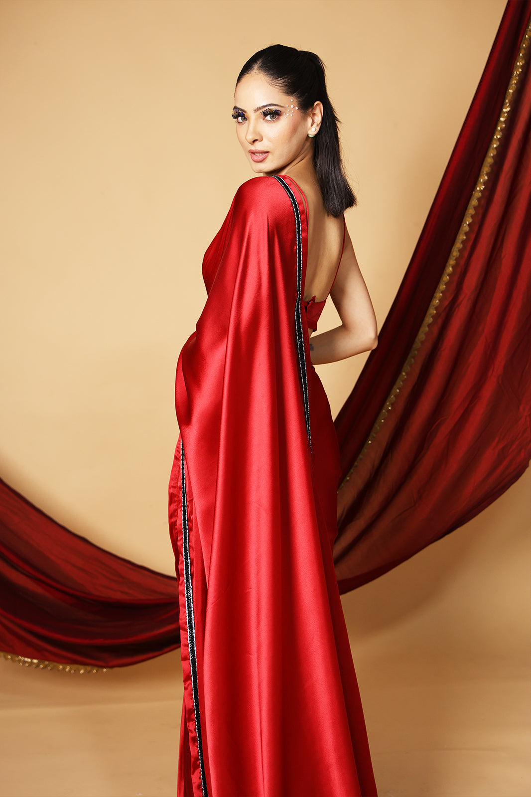 Red Royale Premium Satin Saree with Black Embroidery and Unstitched Blouse
