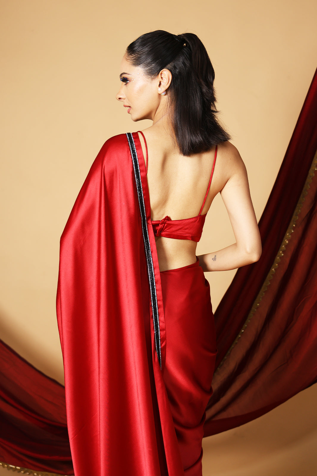 Red Royale Premium Satin Saree with Black Embroidery and Unstitched Blouse