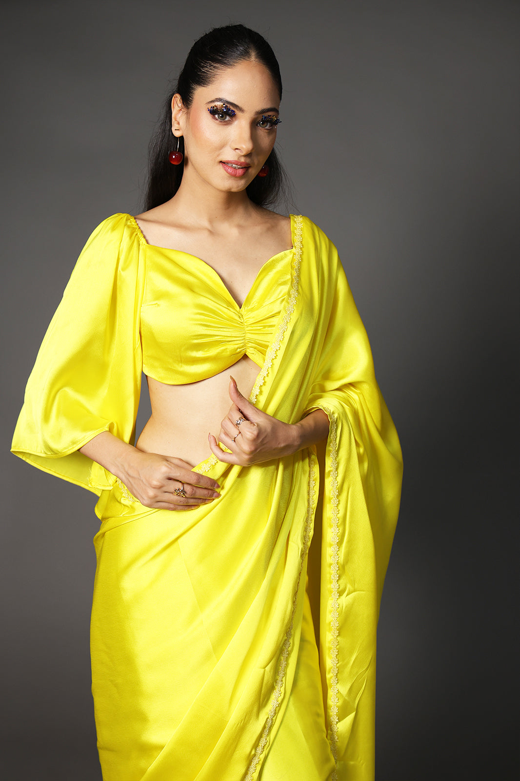Sunshine Premium Rich Satin Saree with Embellished Lace and Blouse Fabric