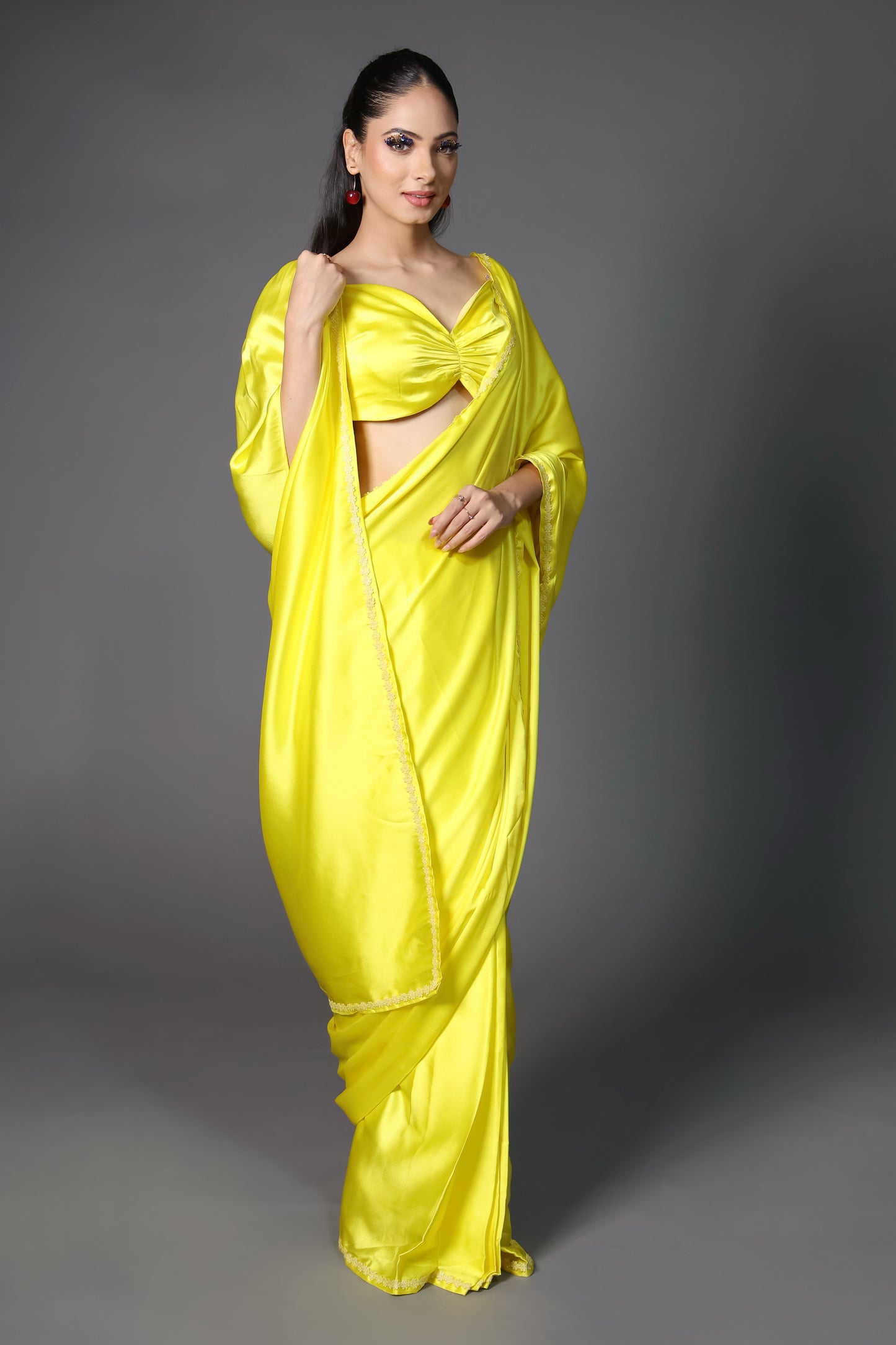 Sunshine Premium Rich Satin Saree with Embellished Lace and Blouse Fabric