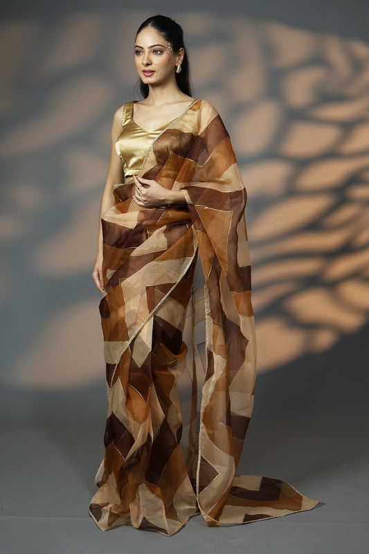 Chandni Bagh Organza Saree with Golden Detailing and Blouse Fabric