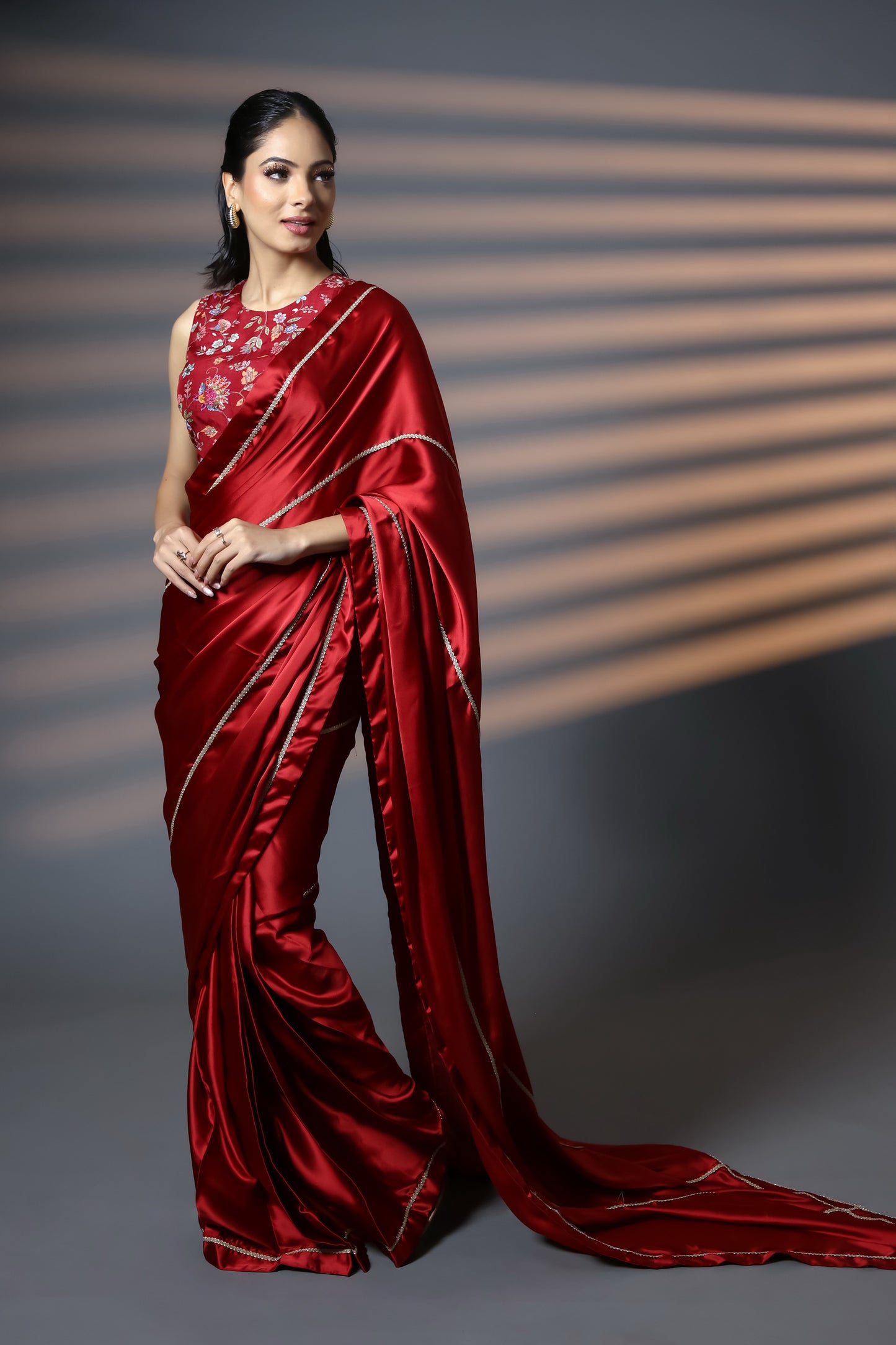 Luxe Red & Gold Embellished Premium Luxe Satin Saree with Blouse Piece