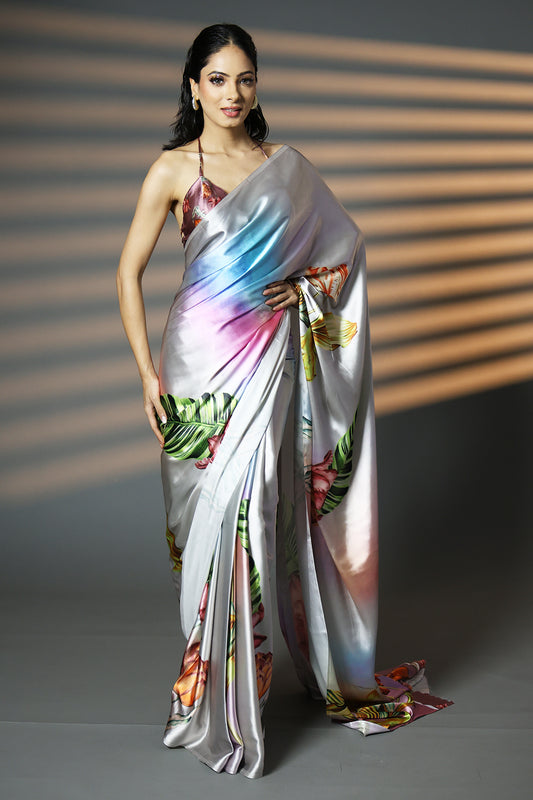 Dreamy Digital Print Satin Saree with Luxe Finish and Unstitched Blouse