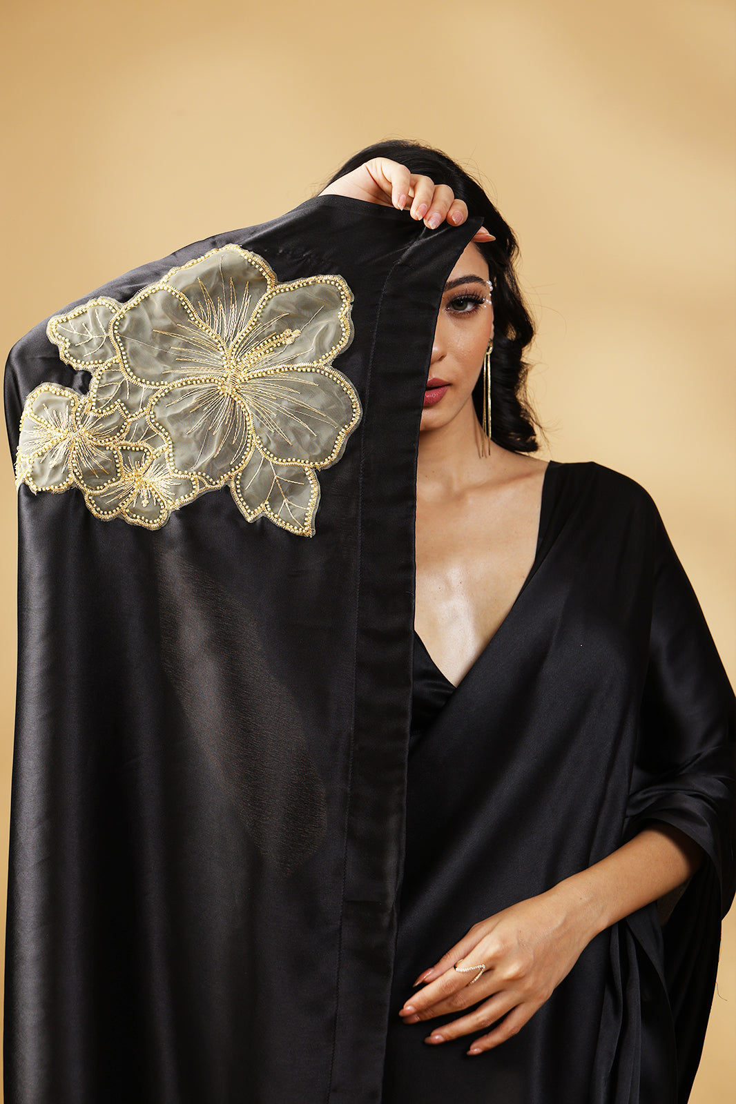 Black Beauty Golden Embroidered Saree with Blouse Fabric