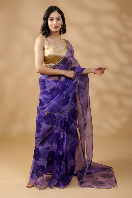 Sunehri Saaj Blue Organza Saree with Golden Detailing and Blouse Fabric