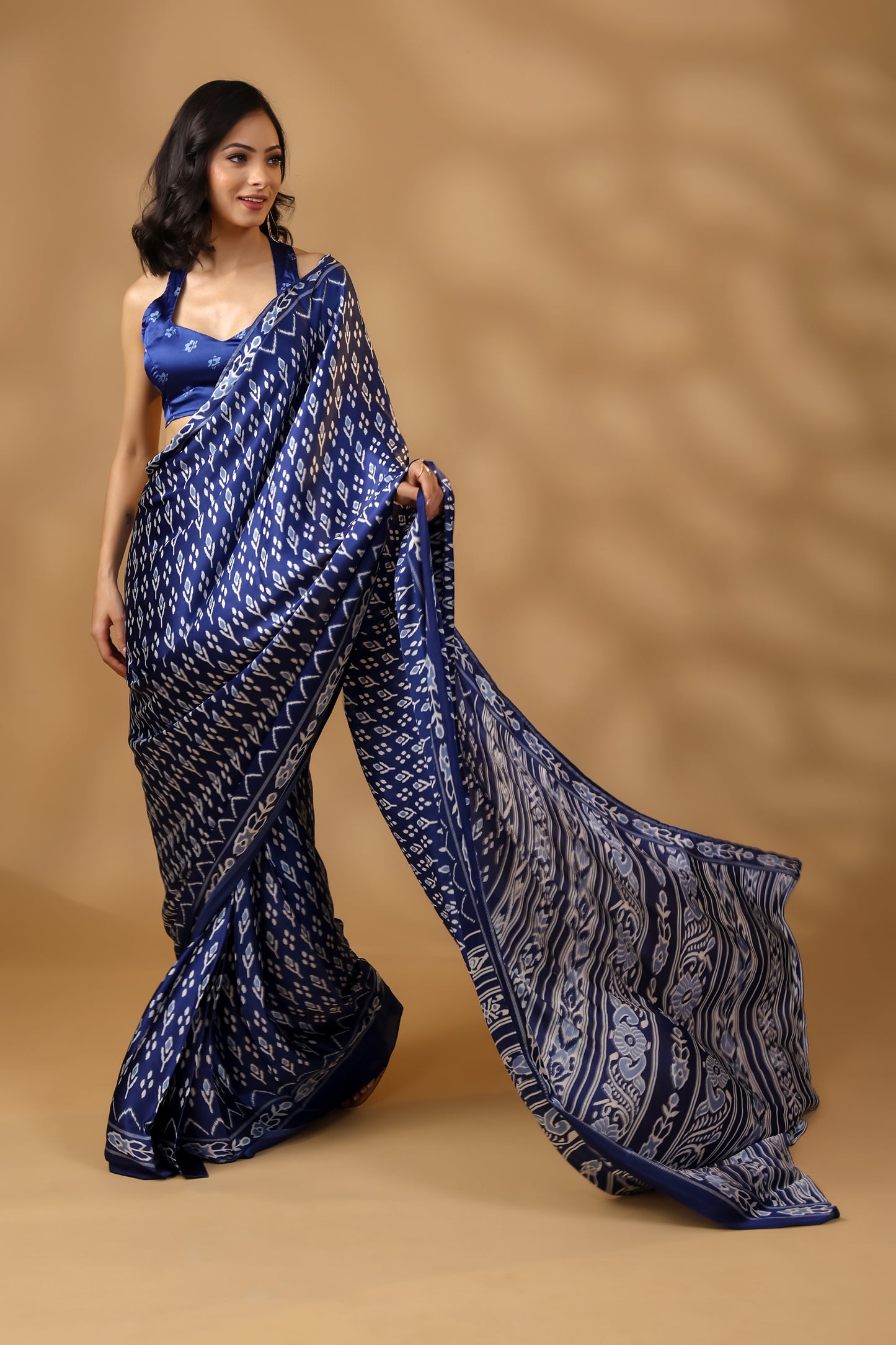 Indigo Whisper Satin Saree in Deep Blue Hues with Unstitched Blouse