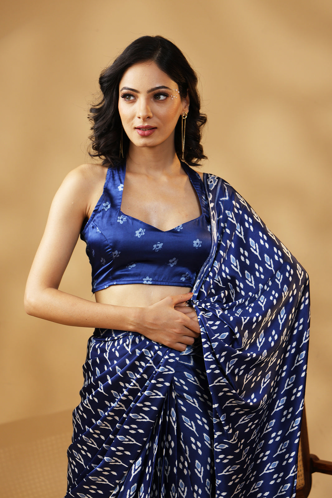 Indigo Whisper Satin Saree in Deep Blue Hues with Unstitched Blouse