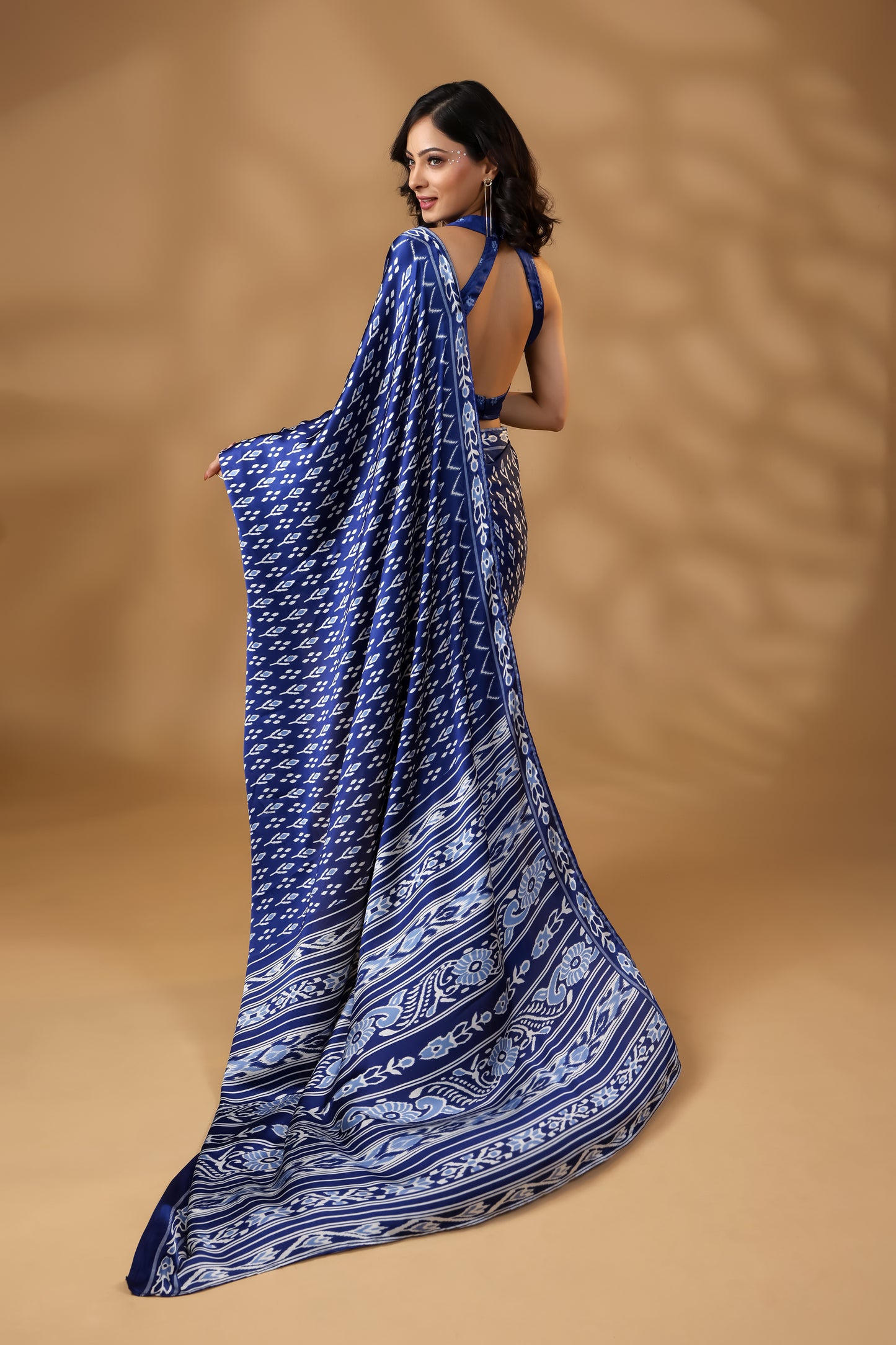 Indigo Whisper Satin Saree in Deep Blue Hues with Unstitched Blouse