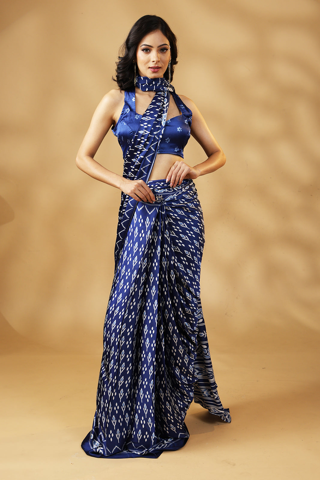 Indigo Whisper Satin Saree in Deep Blue Hues with Unstitched Blouse