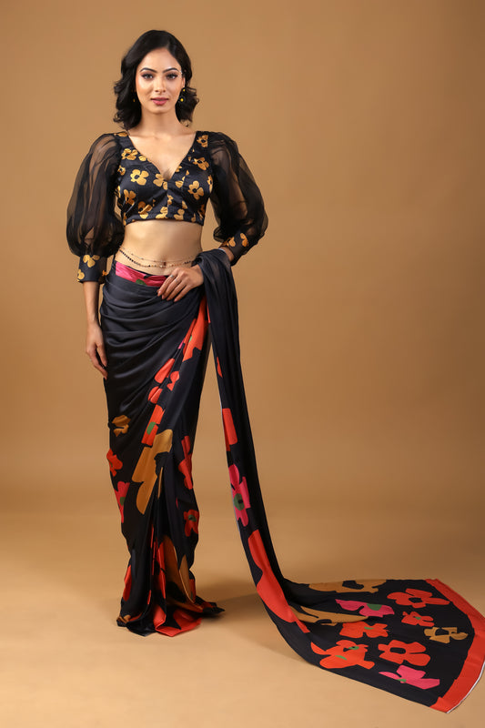 Silken Bloom Floral Printed Premium Satin Saree with Unstitched Blouse