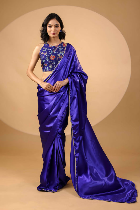 Striking Blue Gold Embellished Satin Saree with Unstitched Blouse