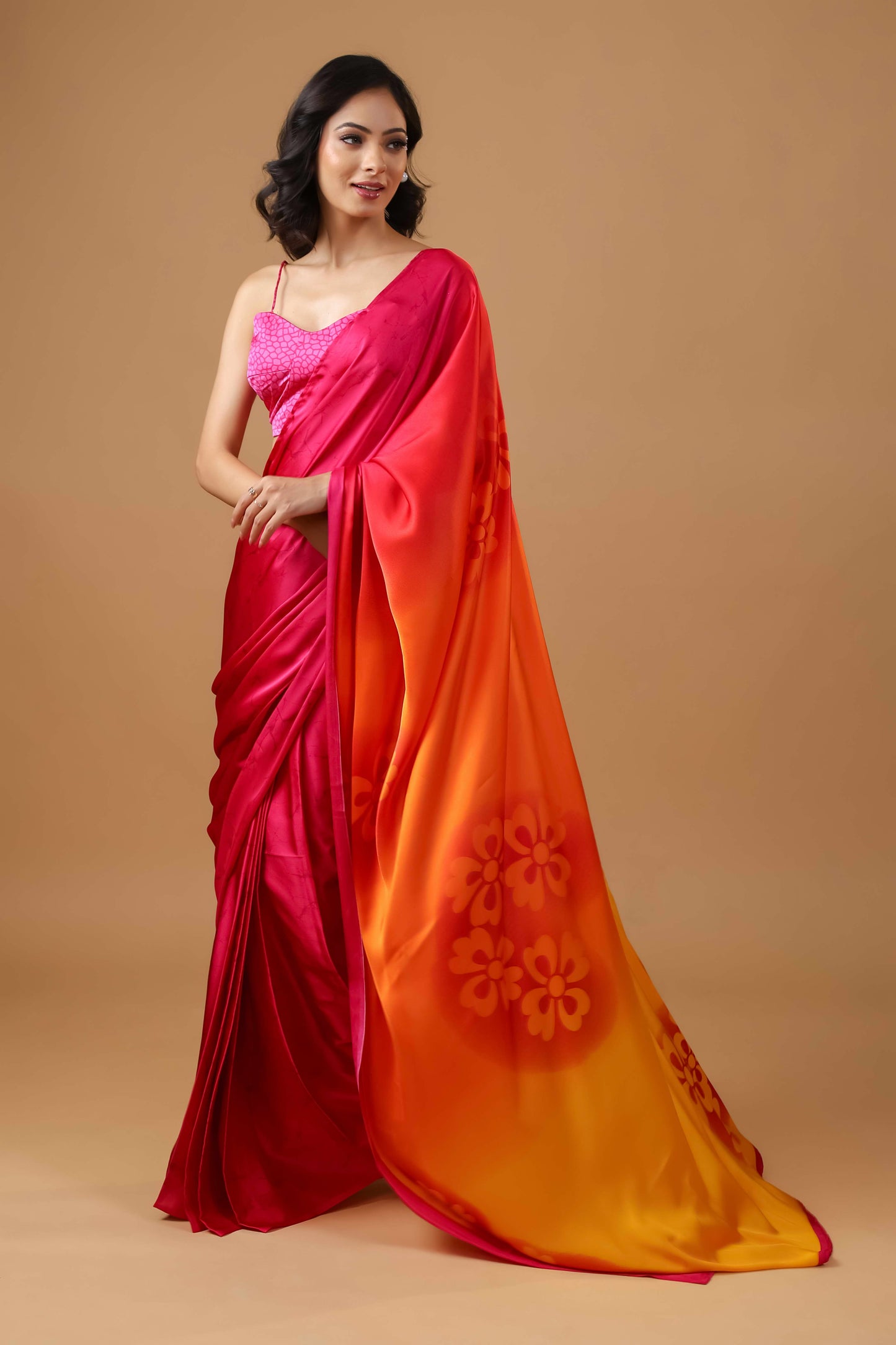 Twilight Pink Premium Satin Printed Saree with Blouse Fabric