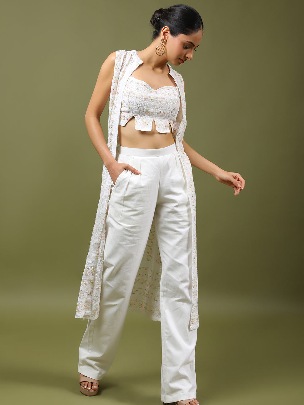 Coordinated White Chikankari Embroidered Three Piece Set