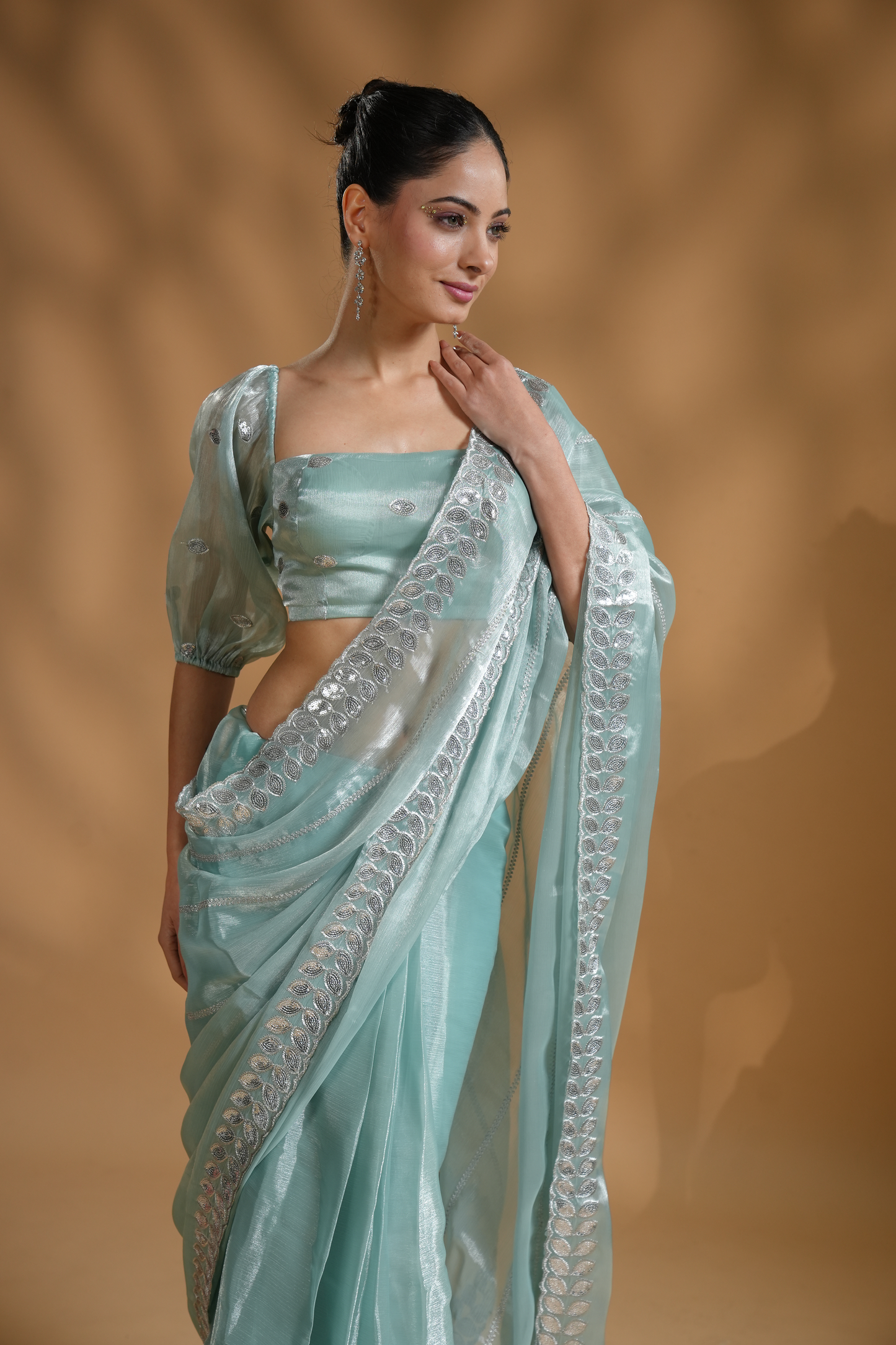 Elegant Aqua Light Embroidered Ready to Wear Saree with Blouse Fabric