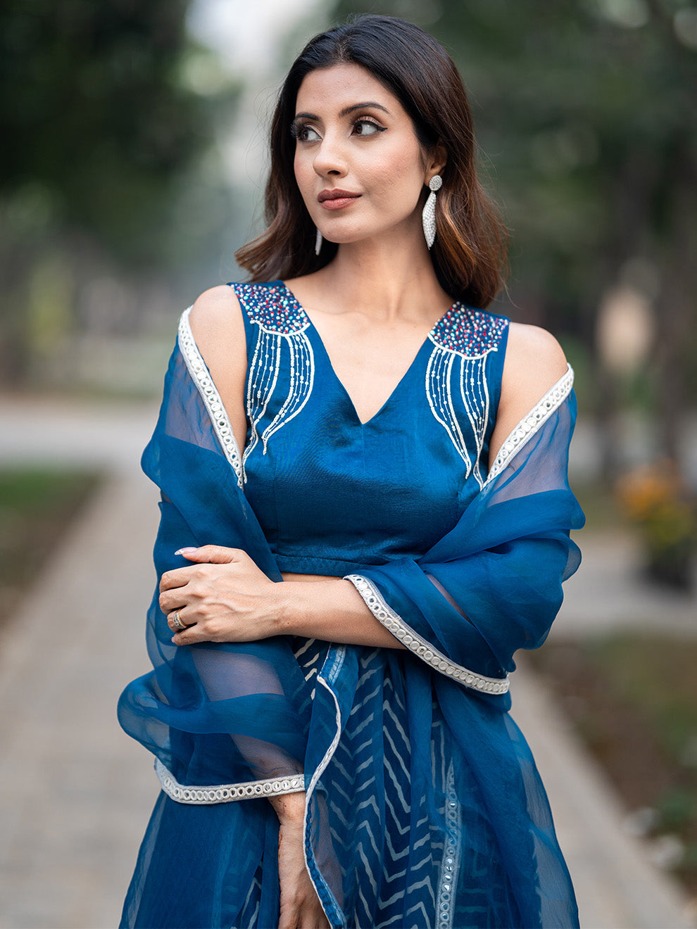 Rich Blue Silk Hand-embroidered Blouse and Double Skirt Lehenga Set