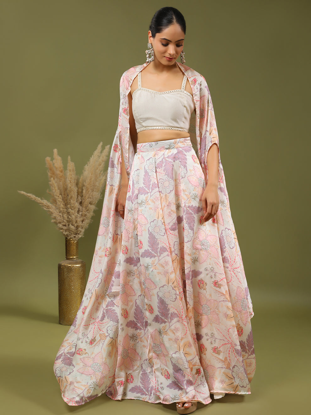 Dazzling Floral Silk Three Piece Lehenga Set with Embroidered Lace Top