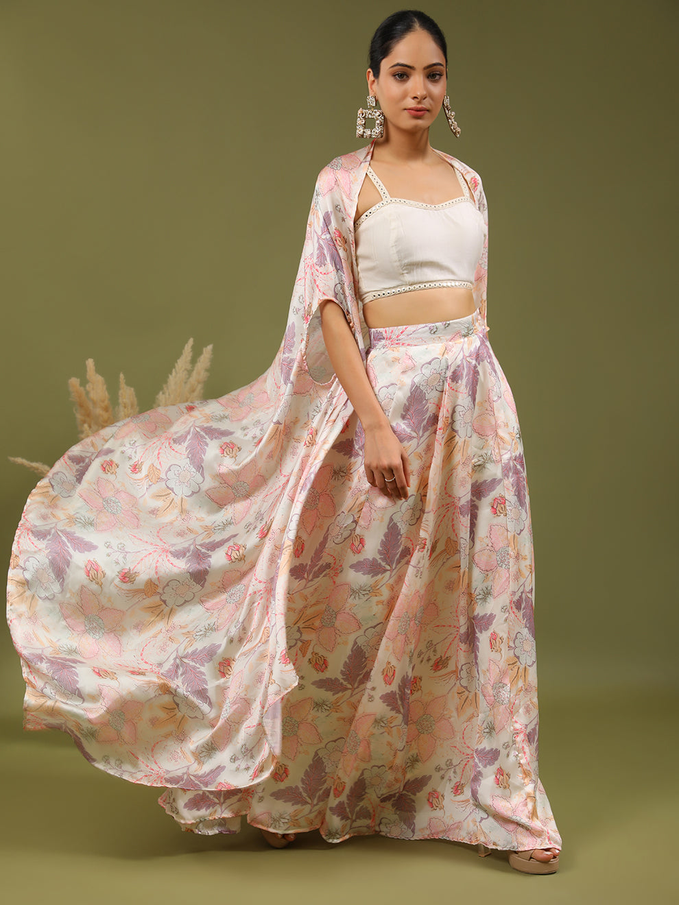 Dazzling Floral Silk Three Piece Lehenga Set with Embroidered Lace Top