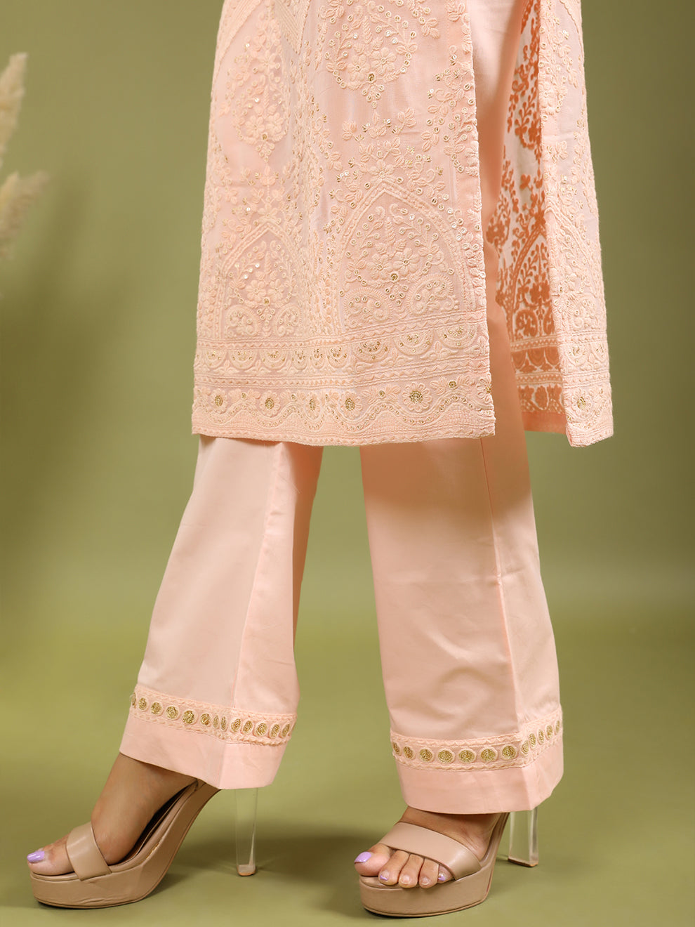 Peach Sleeveless Chikankari Embroidered Kurta & Pant Set