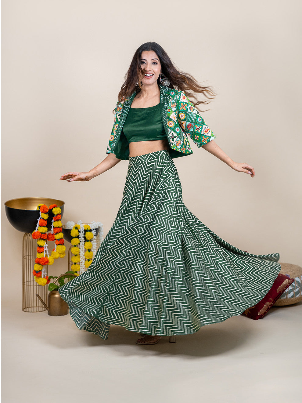 Enchanting Green Silk 3-piece Lehenga Set with Hand-Embroidered Jacket