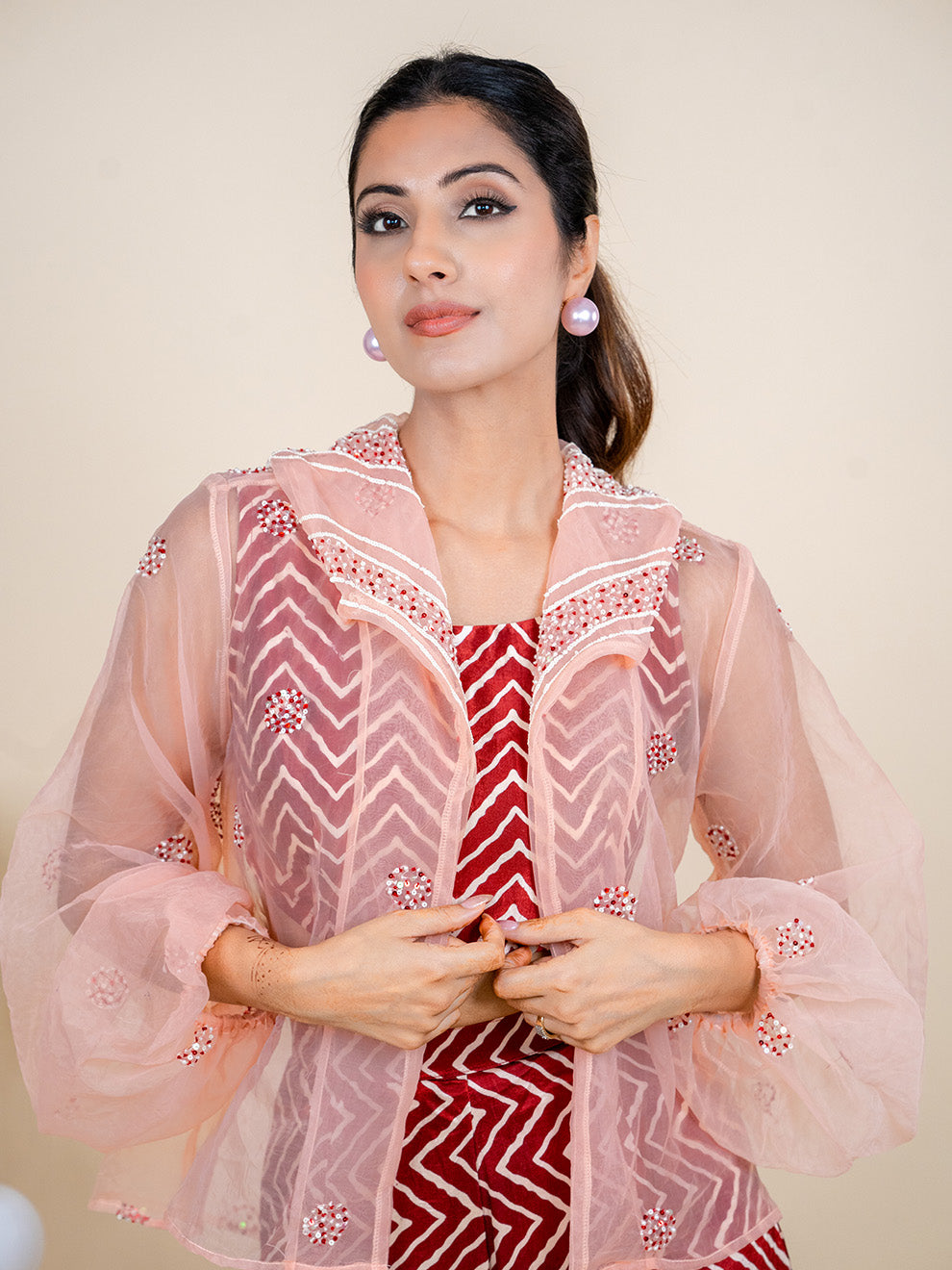 Regal Elegance Hand-embroidered Silk Co-ord Set with Jacket (Set of 3)