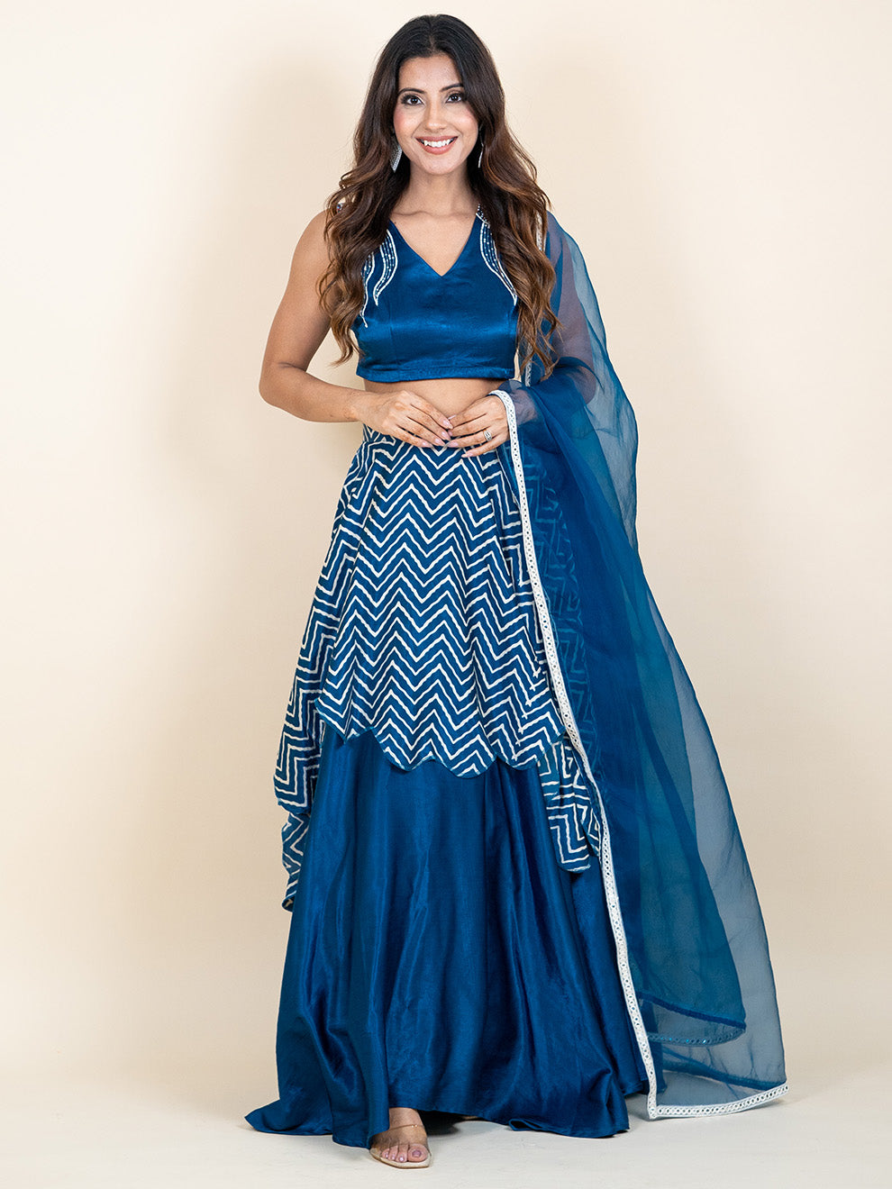 Rich Blue Silk Hand-embroidered Blouse and Double Skirt Lehenga Set