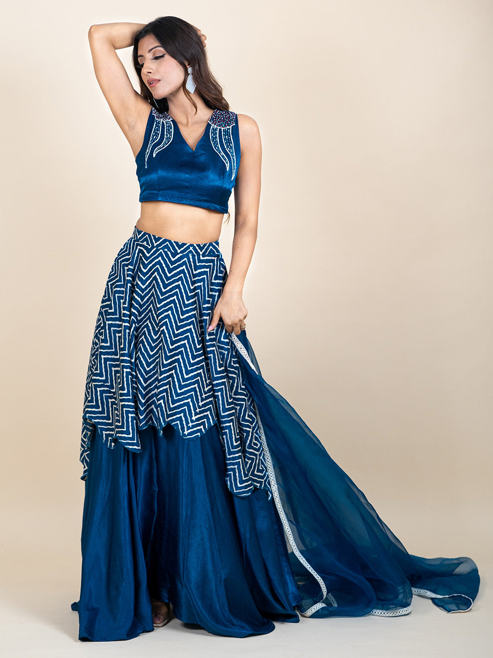 Rich Blue Silk Hand-embroidered Blouse and Double Skirt Lehenga Set