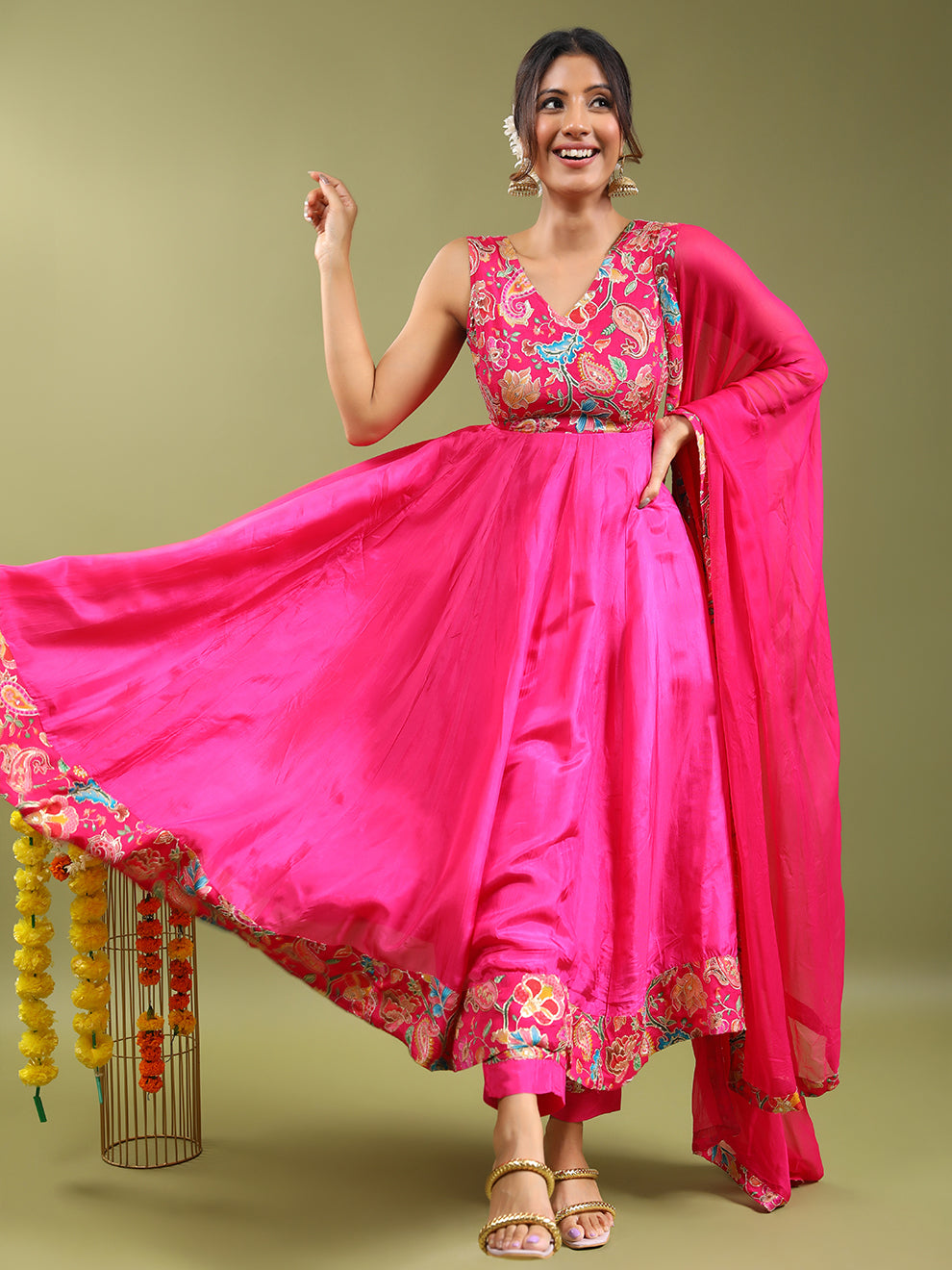 Hot Pink Floral Embroidered Anarkali Set (Set of 3)