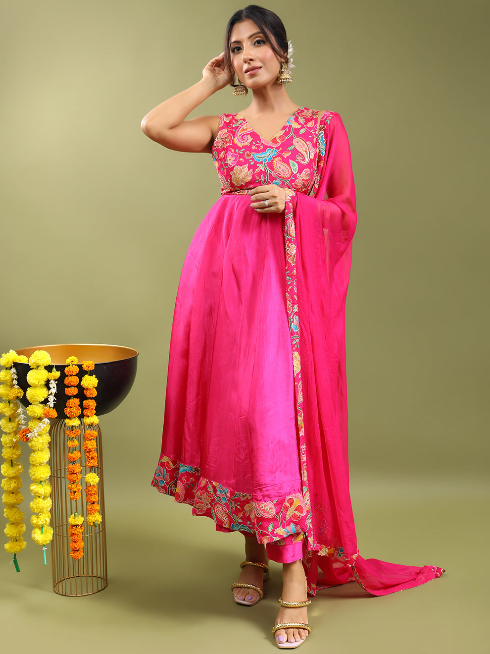 Hot Pink Floral Embroidered Anarkali Set (Set of 3)