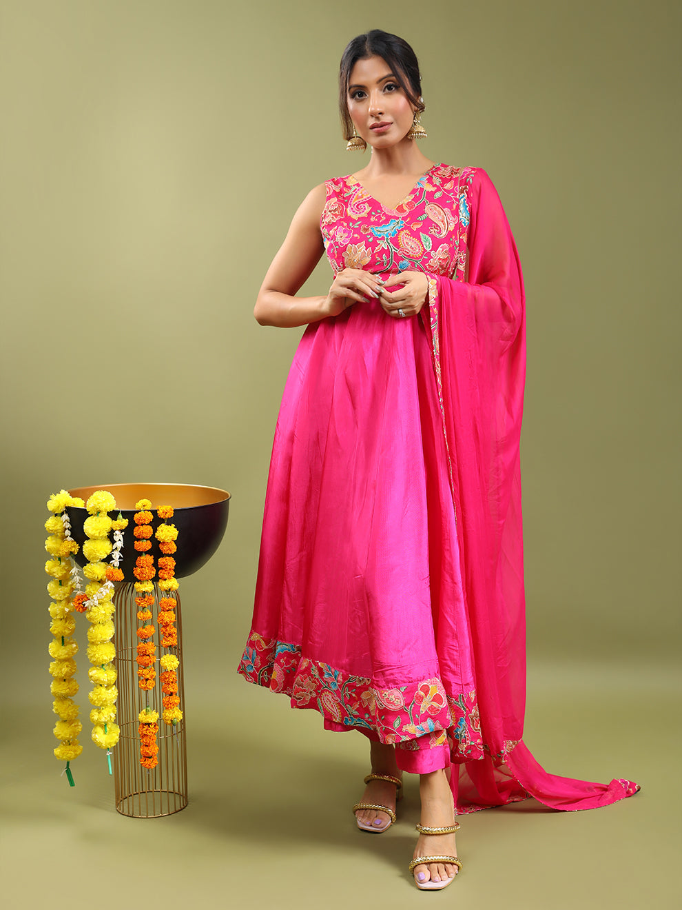 Hot Pink Floral Embroidered Anarkali Set (Set of 3)