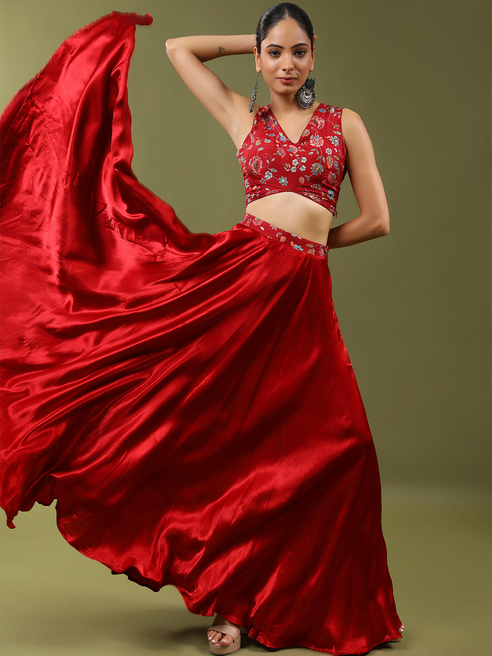 Floral Embroidered Printed Dazzling Red Silk Skirt Set