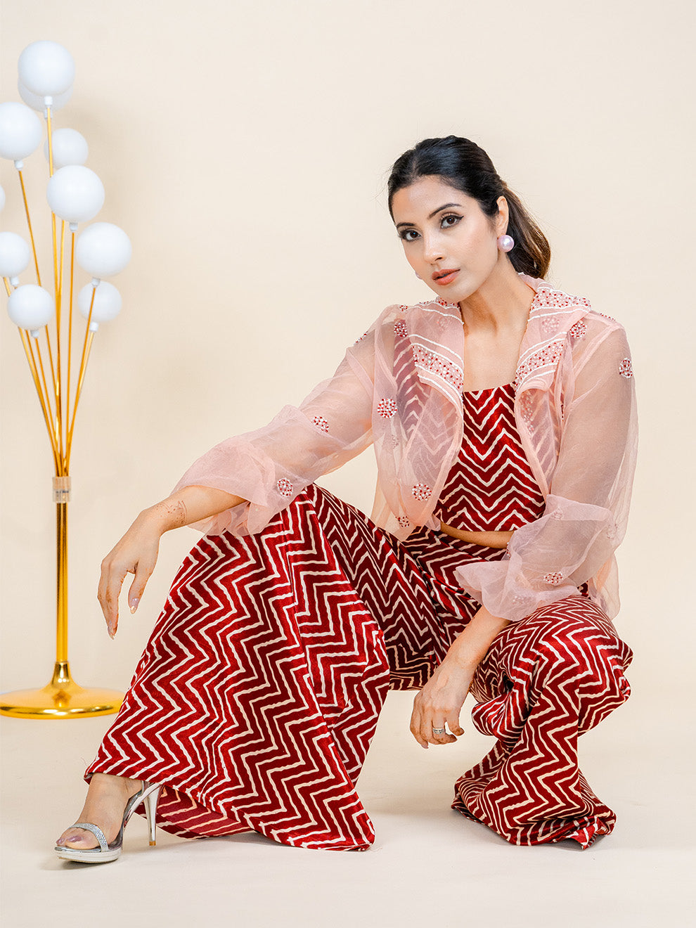 Regal Elegance Hand-embroidered Silk Co-ord Set with Jacket (Set of 3)