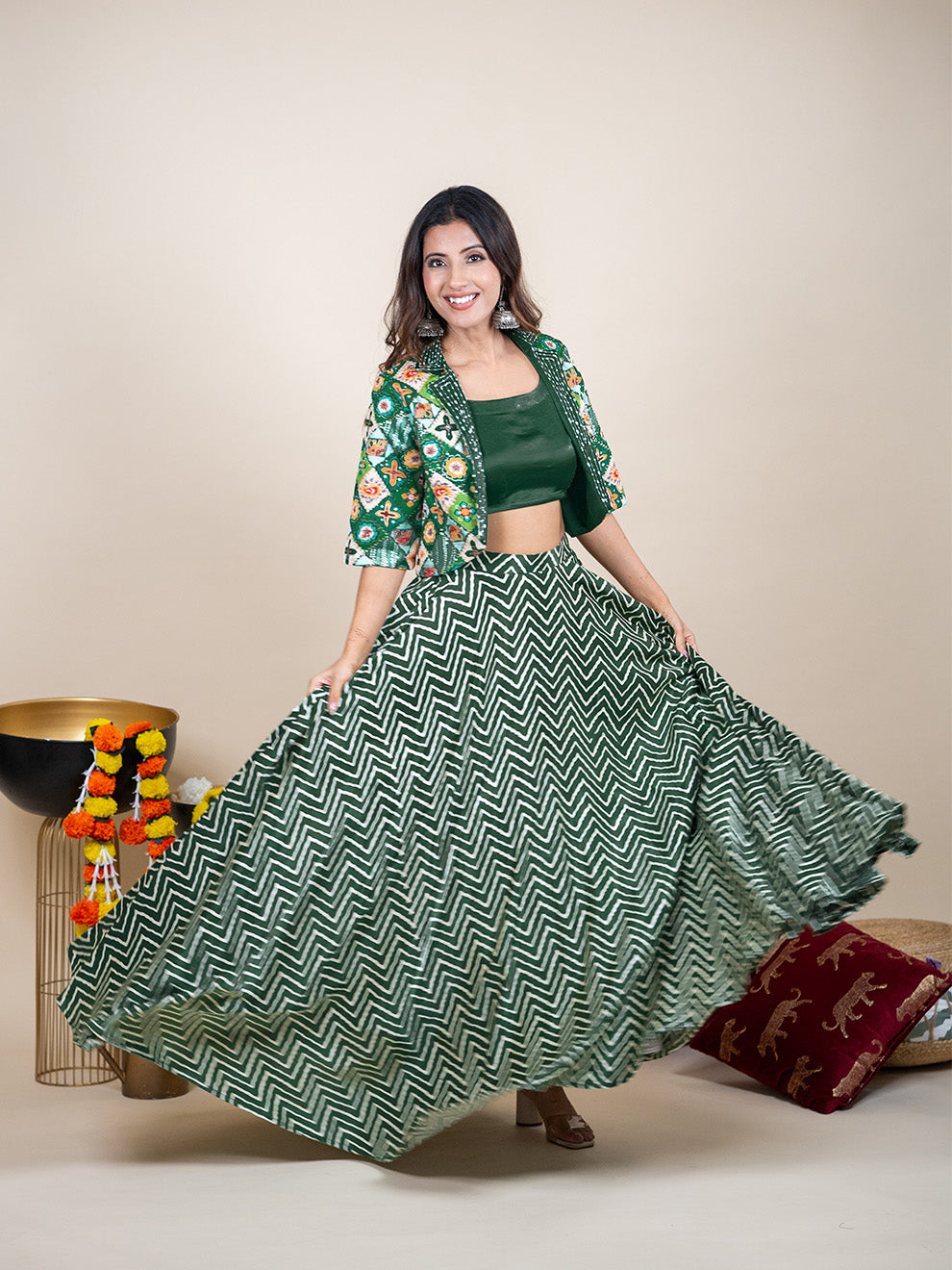Enchanting Green Silk 3-piece Lehenga Set with Hand-Embroidered Jacket