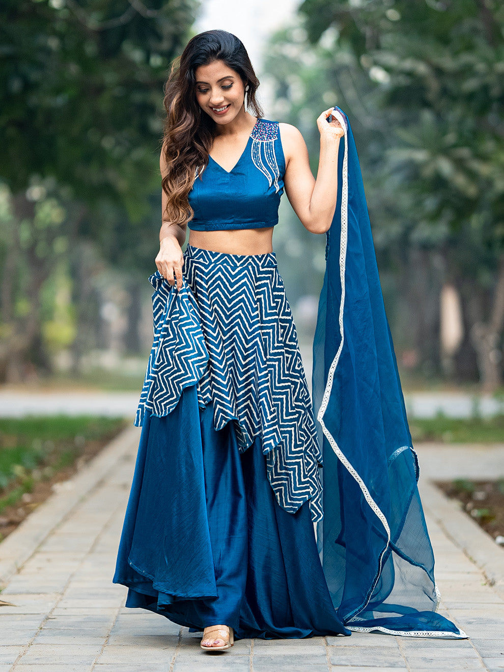 Rich Blue Silk Hand-embroidered Blouse and Double Skirt Lehenga Set