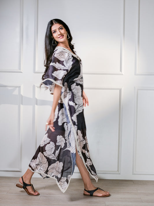 Appealing Black Floral Long Silk Kaftan with Inner