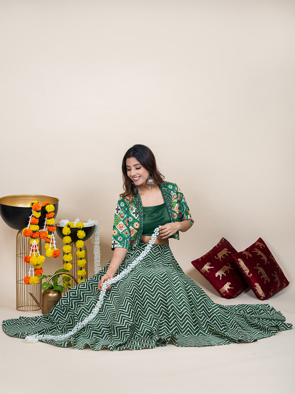 Enchanting Green Silk 3-piece Lehenga Set with Hand-Embroidered Jacket