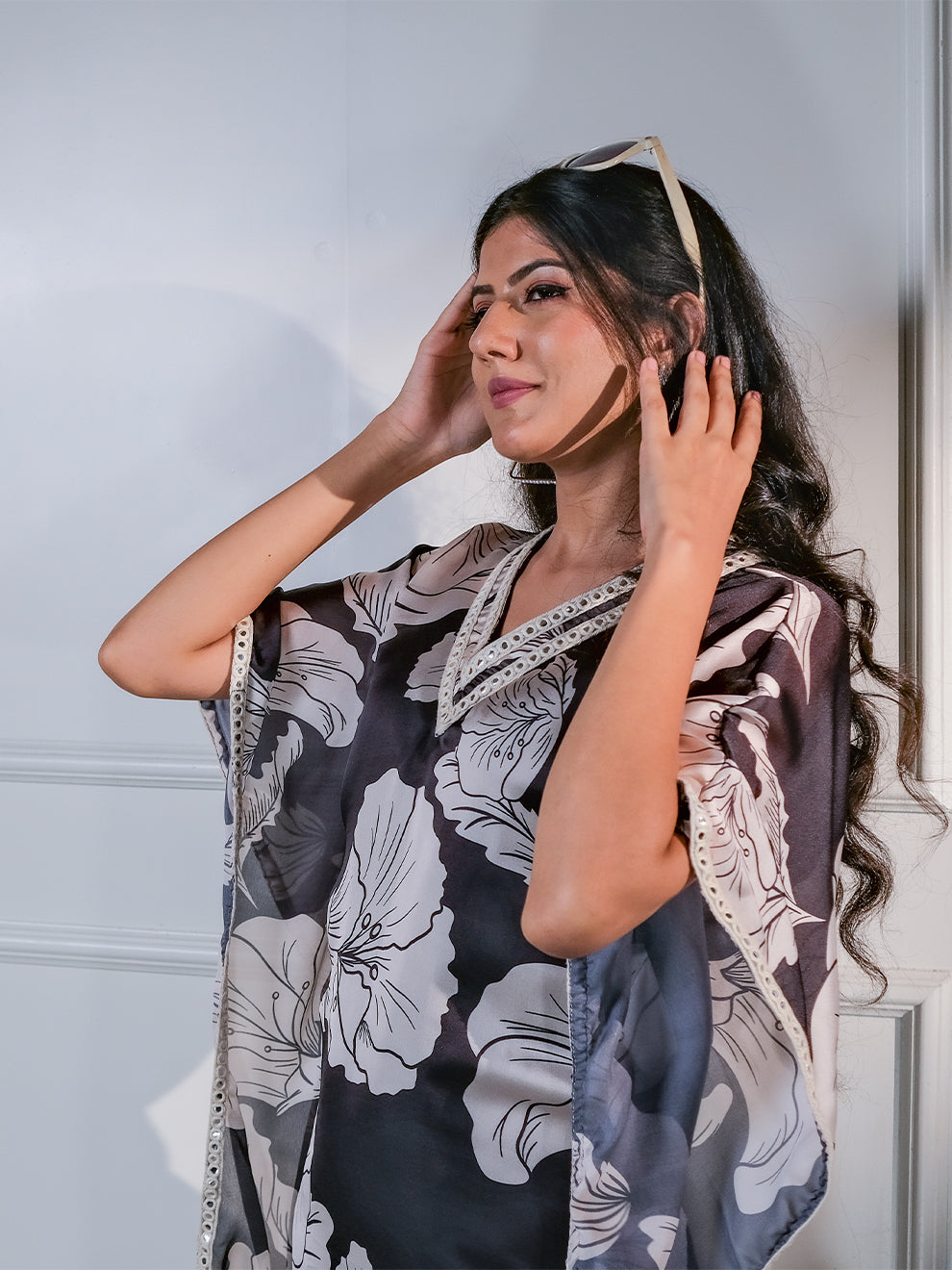 Appealing Black Floral Long Silk Kaftan with Inner
