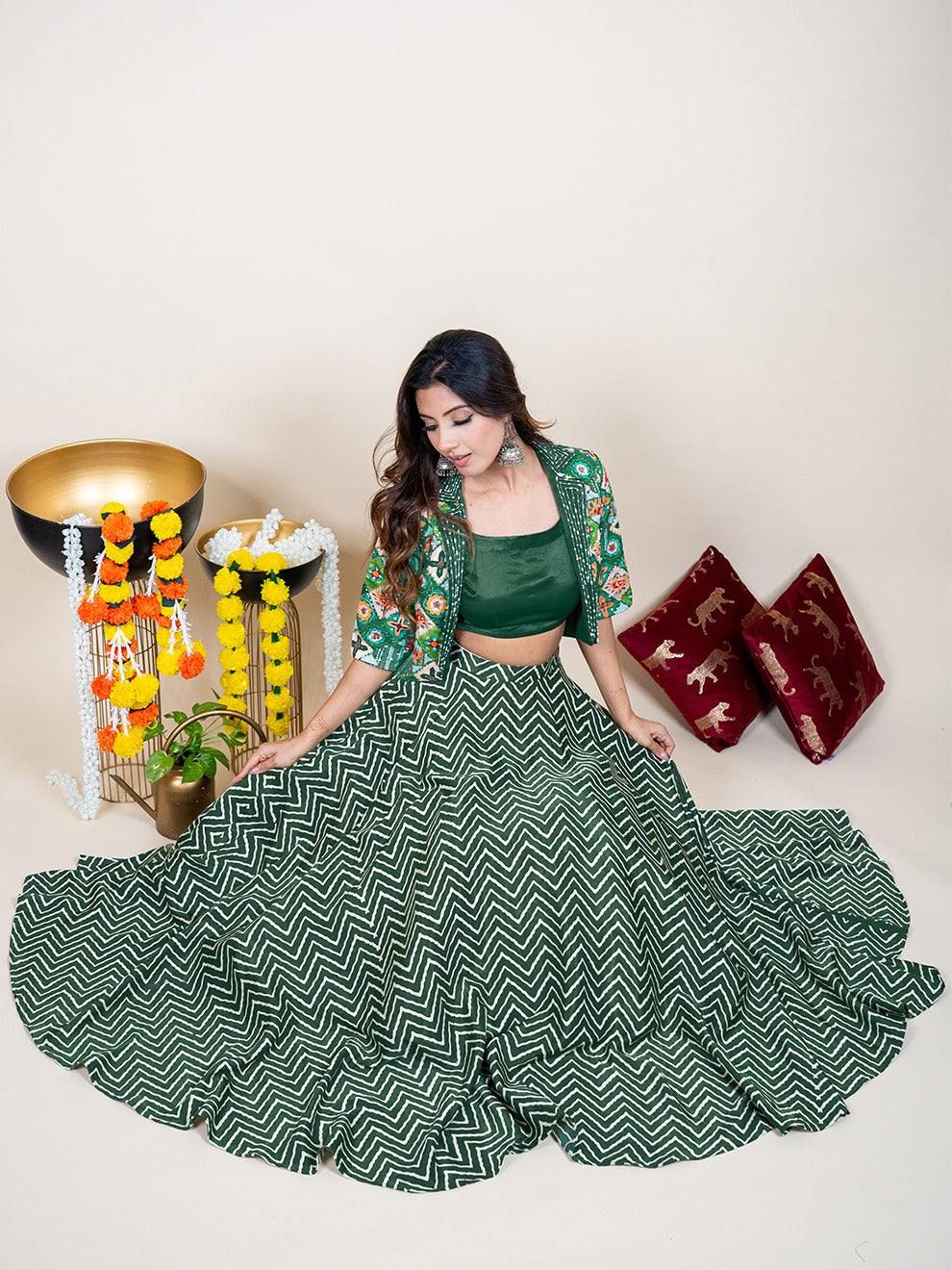 Enchanting Green Silk 3-piece Lehenga Set with Hand-Embroidered Jacket