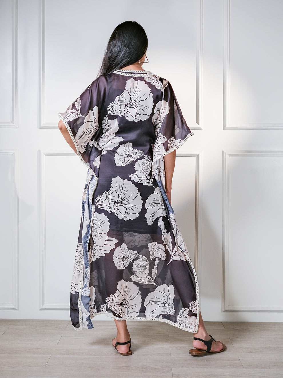 Appealing Black Floral Long Silk Kaftan with Inner