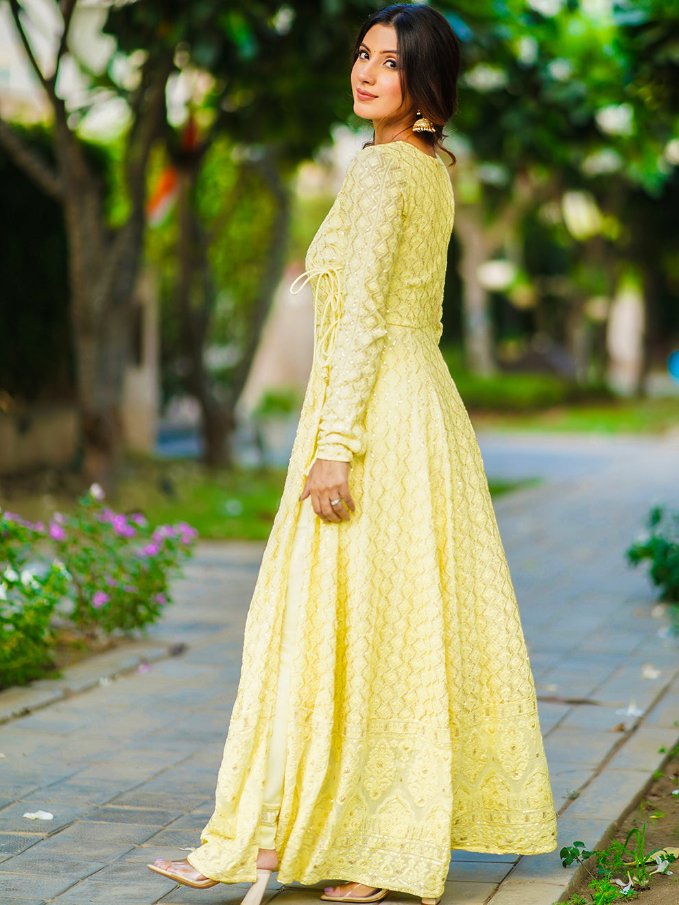 Lemon Heavy Chikankari Embroidered Anarkali Set