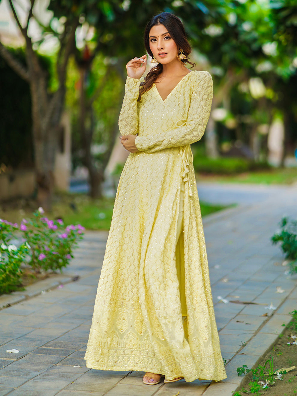 Lemon Heavy Chikankari Embroidered Anarkali Set